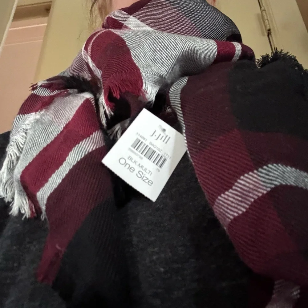 J. Jill Burgundy and Black Plaid Blanket Scarf 46x46 inches NWT